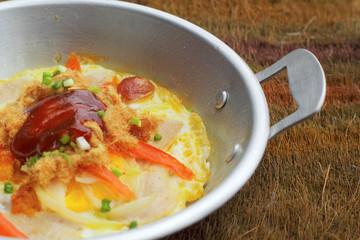 Breakfast with fried eggs pan