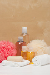 Obraz na płótnie Canvas Shampoo, Liquid Soap, Aromatic Bath Salt And Other Toiletry