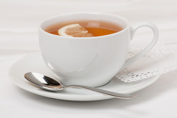 Tea With Lemon Slice In White Cup