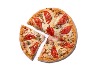 Tasty Italian pizza with ham and tomatoes with a slice removed