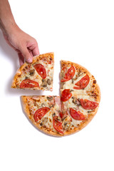 Man picking pizza slice