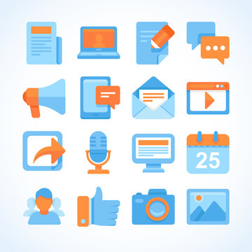 Flat vector icon set of blogging symbols