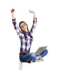 joyful  girl with notebook