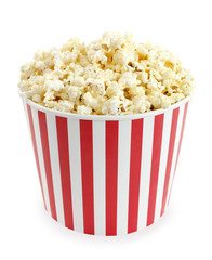 Popcorn in red and white cardboard box for cinema or TV - obrazy, fototapety, plakaty