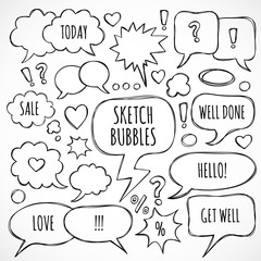 Vector hand drawn set of sketch speech bubbles and clouds