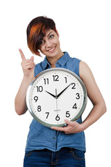Young girl holding a large wall clock. Isolated on white