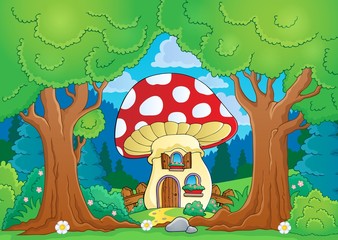 Tree theme with mushroom house