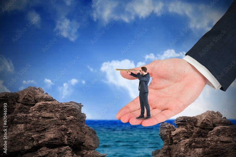 Poster composite image of businessman looking through telescope in larg