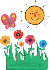 Sun, Flowers and Butterfly Children's Illustrations