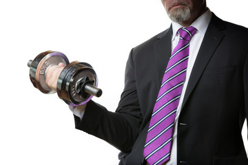 Naklejka premium Businessman holding silver dumbbell