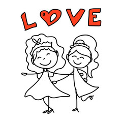 hand drawing cartoon happy couple wedding