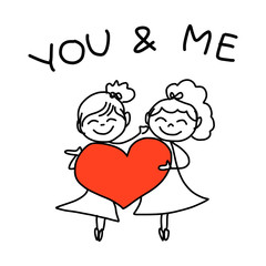 hand drawing cartoon happy couple wedding