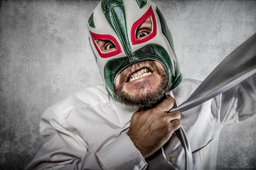 Office, aggressive executive suit and tie, Mexican wrestler mask
