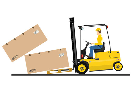 Overloaded forklift safety concept. Yellow forklift with too heavy load. Flat vector.