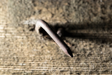 old rusty nail in the piece of wood. macro