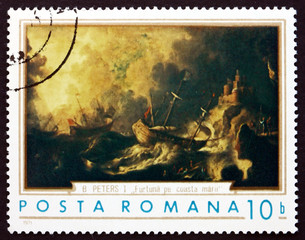 Postage stamp Romania 1971 Ships in Storm, by B. Peters