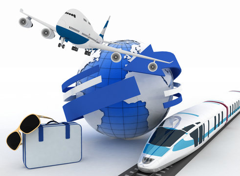 3d suitcase, airplane, train and globe. Travel concept