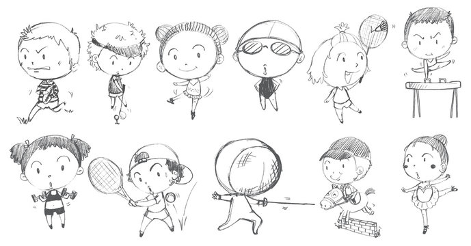 Doodle design of kids playing with the different sports