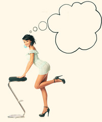 Brunette posing sexy in short dress with thinking bubble