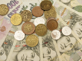 Czech korunas CZK (legal tender of the Czech Republic) banknotes and coins