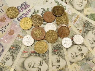 Czech korunas CZK (legal tender of the Czech Republic) banknotes and coins