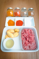 Ingredients of minced meat potato indian cuisine