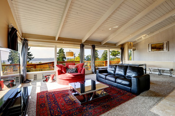 LIving room interior with high ceiling in luxury house