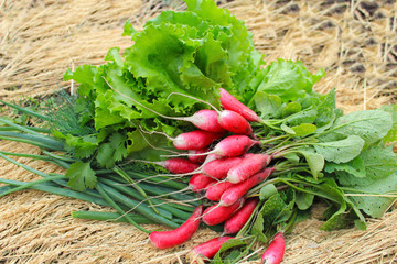 bundle of fresh radishes, lettuce,