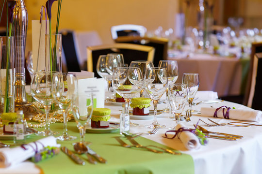 Elegant Table Set In Lilac And Green For Wedding Or Event Party