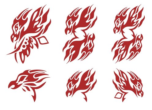 Tribal flaming phoenix head symbols. Red on the white