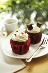 close up chocolate cake and cream