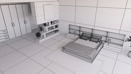 Fototapeta na wymiar 3D render of a bedroom in wireframe
