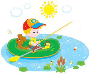 Boy with his pup in an inflatable boat fishing