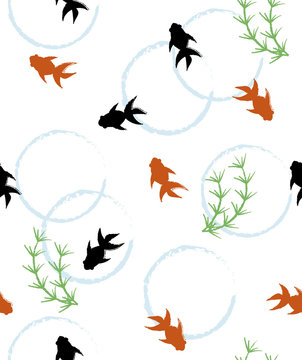 Seamless pattern of goldfishes and waterweeds
