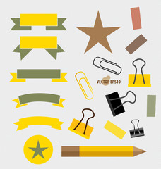 Ribbons Set, pencil, paperclip and sticker. Vector illustration.