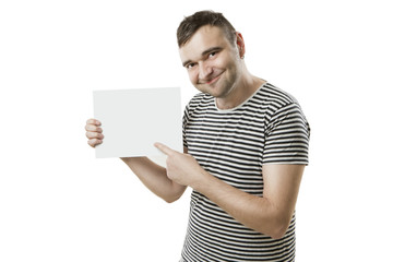 Striped man with card for your text