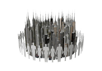 手を繋ぐ人とビル