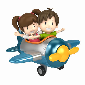 3D render of a kids riding on an airplane