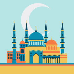 Islamic greeting card with mosque in flat design style.