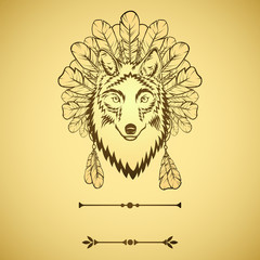 Totem illustration with wolf and feathers