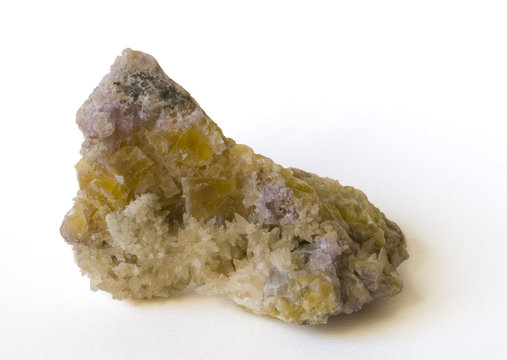 Cubic yellow fluorite with white calcite. 13cm across.