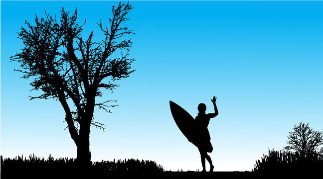 Vector silhouette of a woman with surfboard.