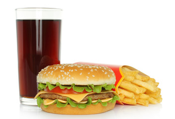 Hamburger, potato free and cola on white background .