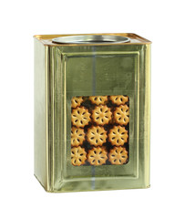 Square bucket of biscuits isolated on white background