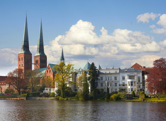 Trave river, old historic town of Lubeck, Germany