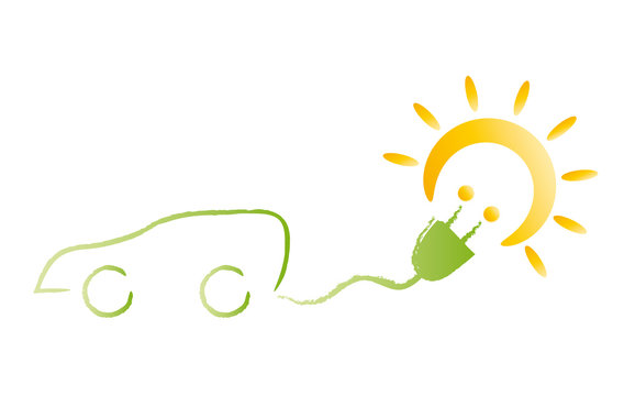 Energiewende, Verwendung alternativer Energiequellen, Elektroauto fährt mit Solarstrom, grüner Energie, Sonne tanken, Auto mit Elektromotor, Nachhaltigkeit, Klimaschutz, Logo, Vektor, isoliert