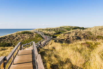 People on wooden footpath on dune at beach in Germany.