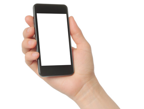 Hand holding smart phone isolated on white background .