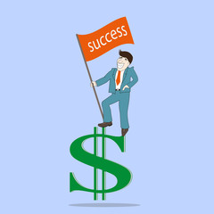 Man with success flag standing on top dollar sign