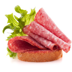sandwich with salami sausage on white background  cutout